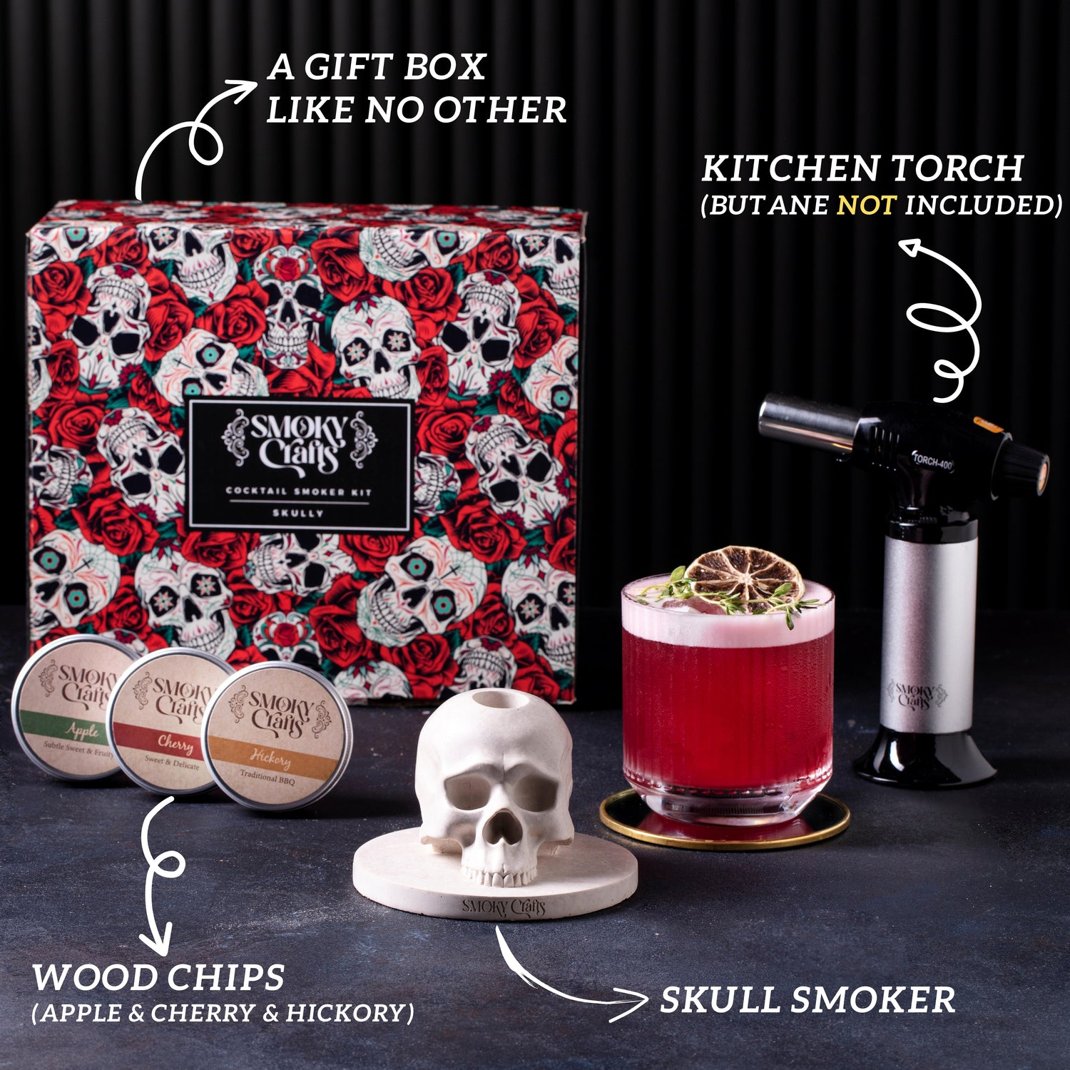 Skull Whiskey Smoker with Torch